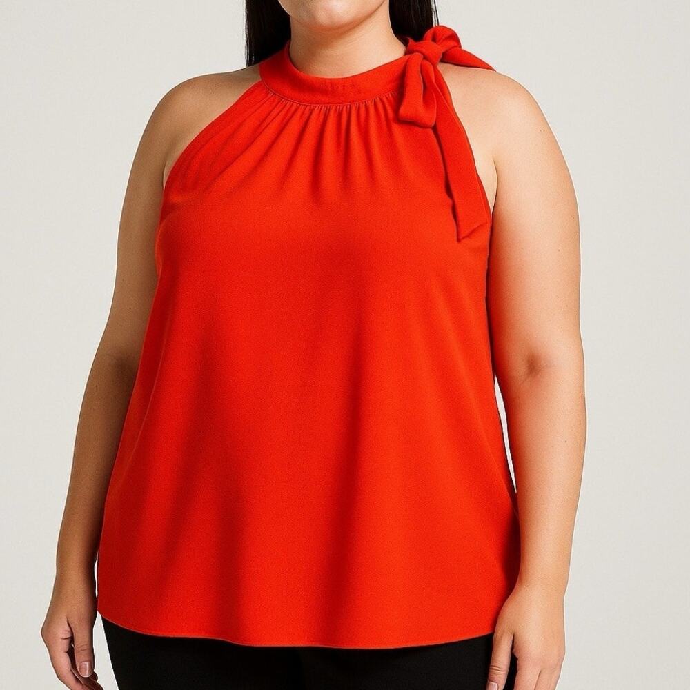 New York & Company Halter Top 1X Red Tie Neck Sleeveless Blouse NWT Plus Size